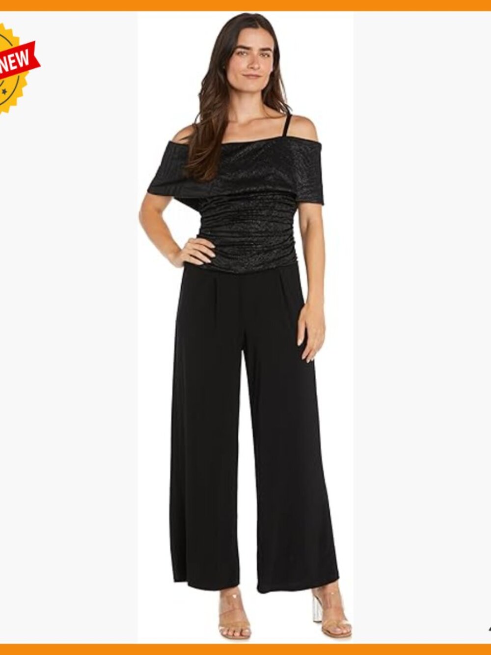 Glam Glitter Jumpsuit with Cold Shoulder Ruched Bodice Wide Legs Size 8P